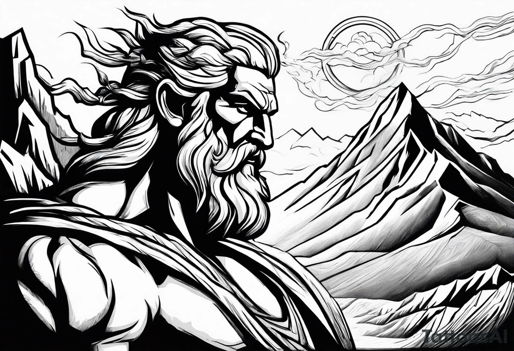 Zeus showing dominance behind a mountain with lightning behind him tattoo idea