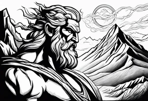 Zeus showing dominance behind a mountain with lightning behind him tattoo idea
