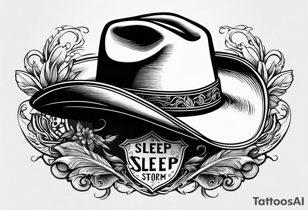 Ruggred cross with a cowboy hat that says sleep through the storm tattoo idea