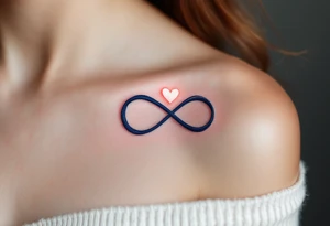 A navy blue infinity figure embracing a glowing coral pink heart at the top. tattoo idea