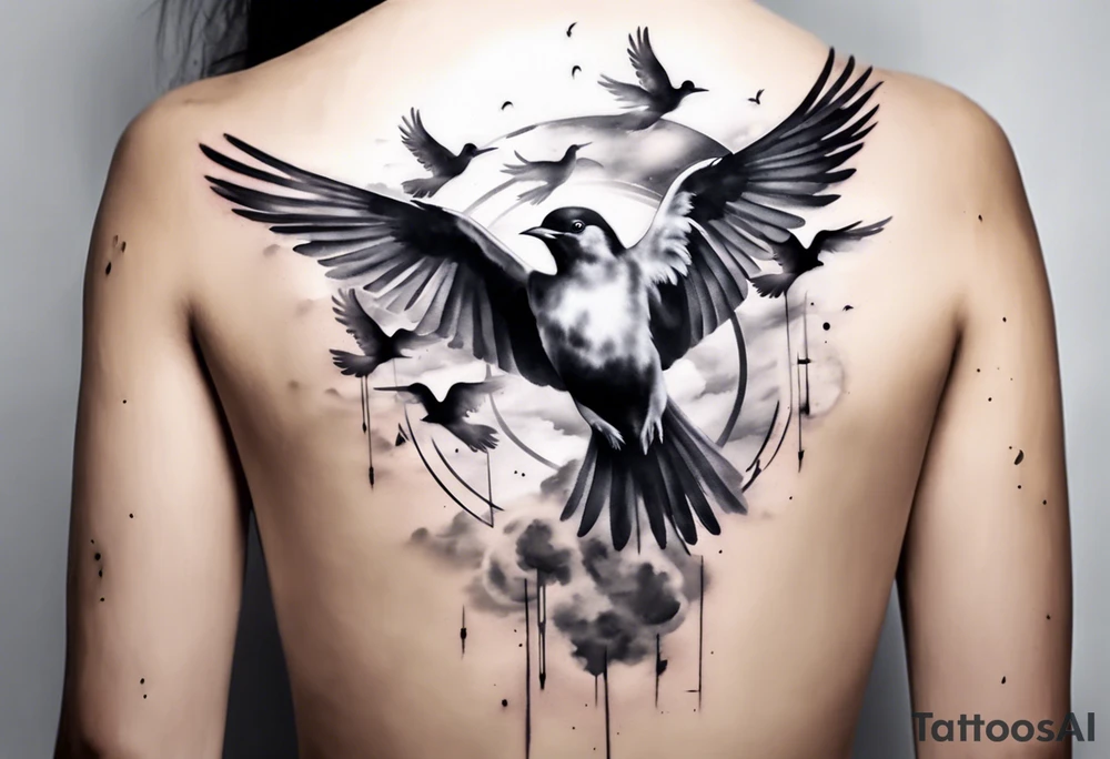 shoulder tattoo with light rays with birds flying free among the clouds, round shape, 3d effect tattoo idea