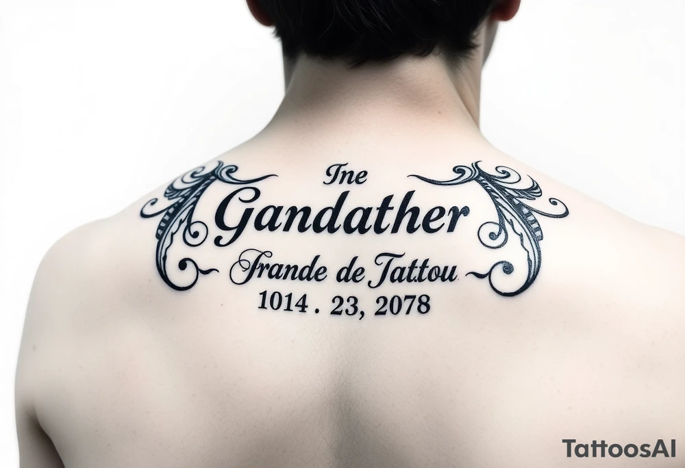 Small tattoo , on the shoulder traps , representing grandfather and date of death, could be in German or English tattoo idea