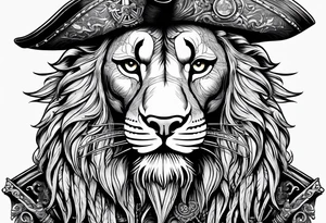 Pirate lion wearing jacket, sword and pistol, nautical steampunk theme. dreadlocks. pirate vessel tattoo idea