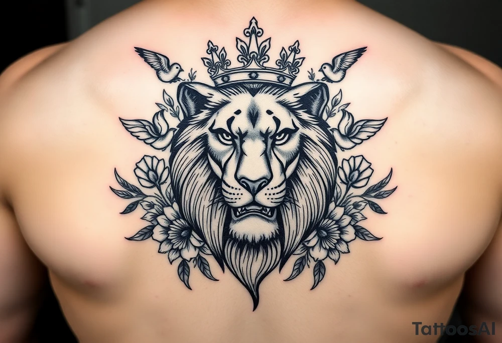 powerful majestic lion with a crown, surrounded by floral ornaments and birds tattoo idea