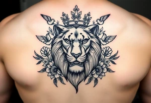 powerful majestic lion with a crown, surrounded by floral ornaments and birds tattoo idea