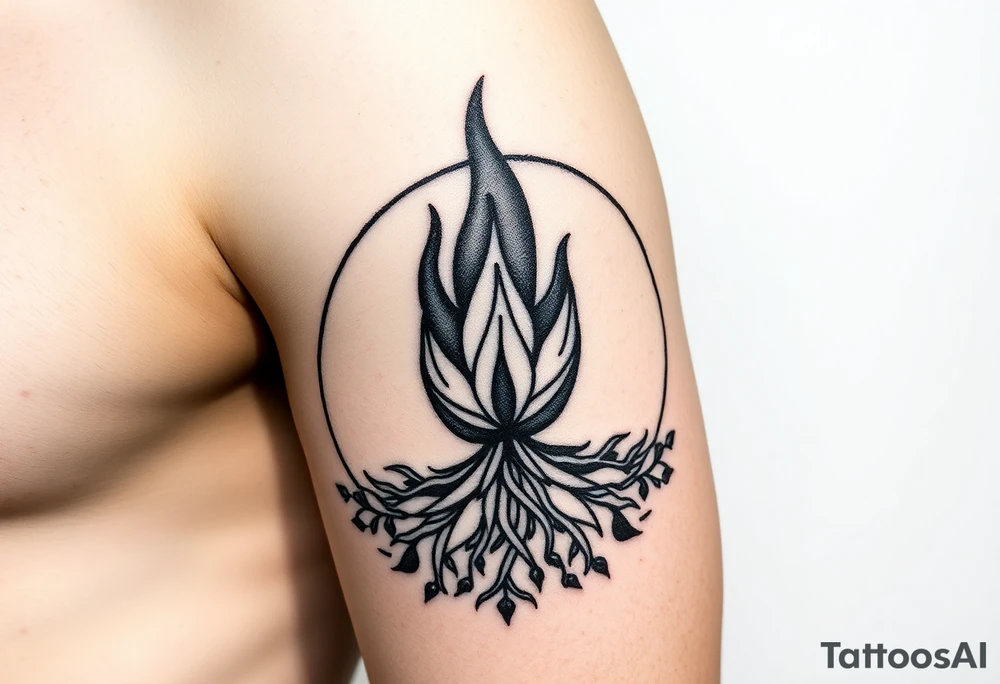 flame in a blooming roots circle tattoo idea