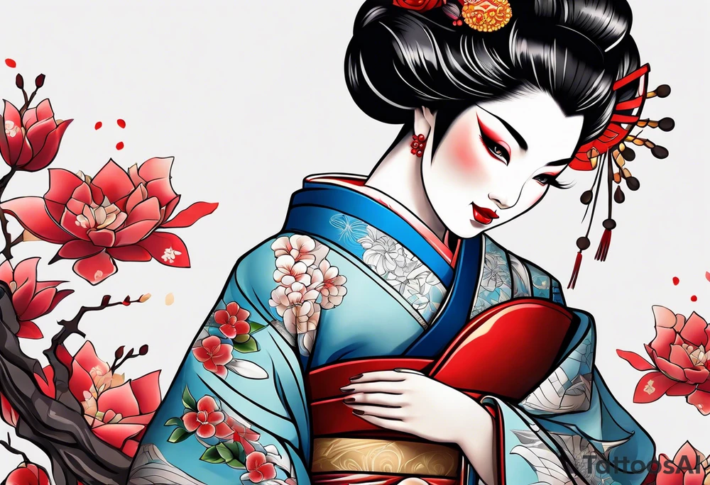 neo traditional Geisha pinup full body tattoo idea