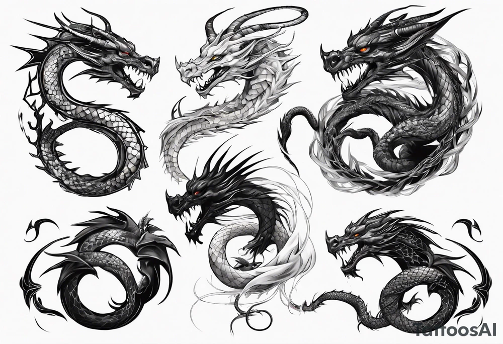 a long dragon intertwined along the arm with horns, mane, scales tattoo idea
