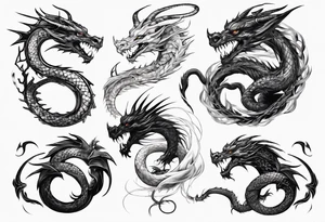 a long dragon intertwined along the arm with horns, mane, scales tattoo idea