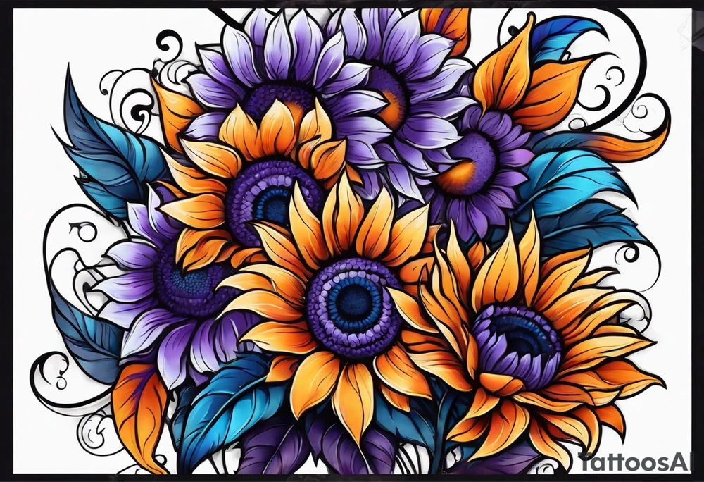 Full arm sleeve with purple, orange and blue sunflowers tattoo idea