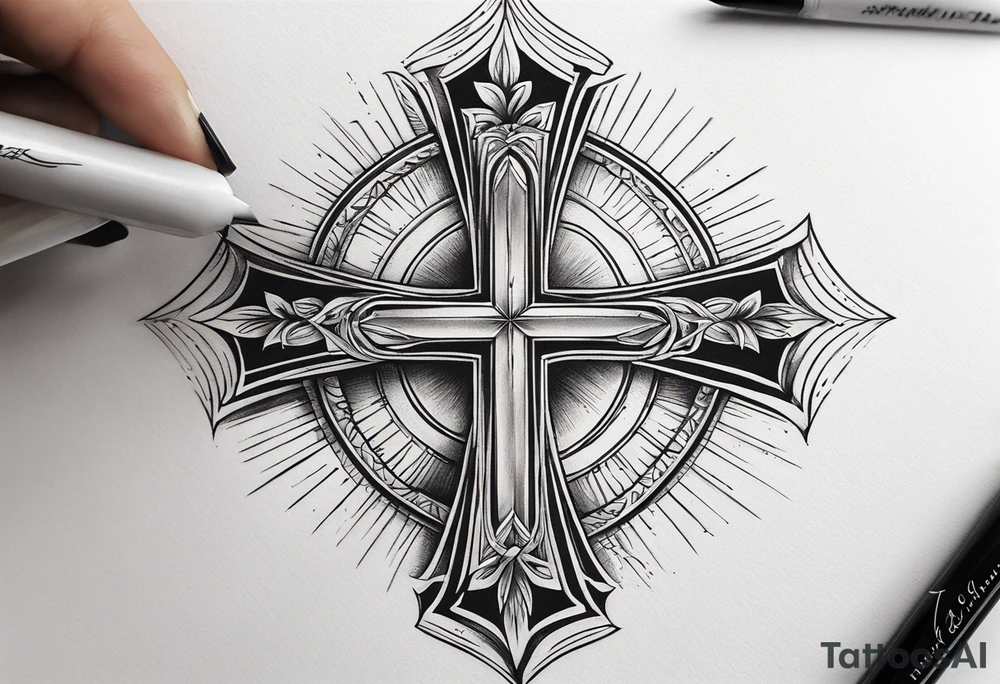 Micro realistic Tattoo: A refined cross with a soft halo surrounding it, symbolizing light and spirituality. Delicate rays extend outward from the halo, adding a subtle glow and depth. The cross itself is simple and elegant, with potential for small, intricate line details within the design. Style: Micro realism tattoo idea