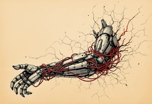A biomech arm built from rusted iron plates and crimson wires, emerging from beneath cracked human skin. tattoo idea
