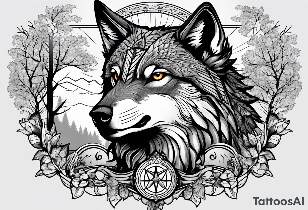 Hawk and a Wolf, Nature Scenery, and names Grayson, Bennett, Layden, Xavian, Amelia, Braxton tattoo idea