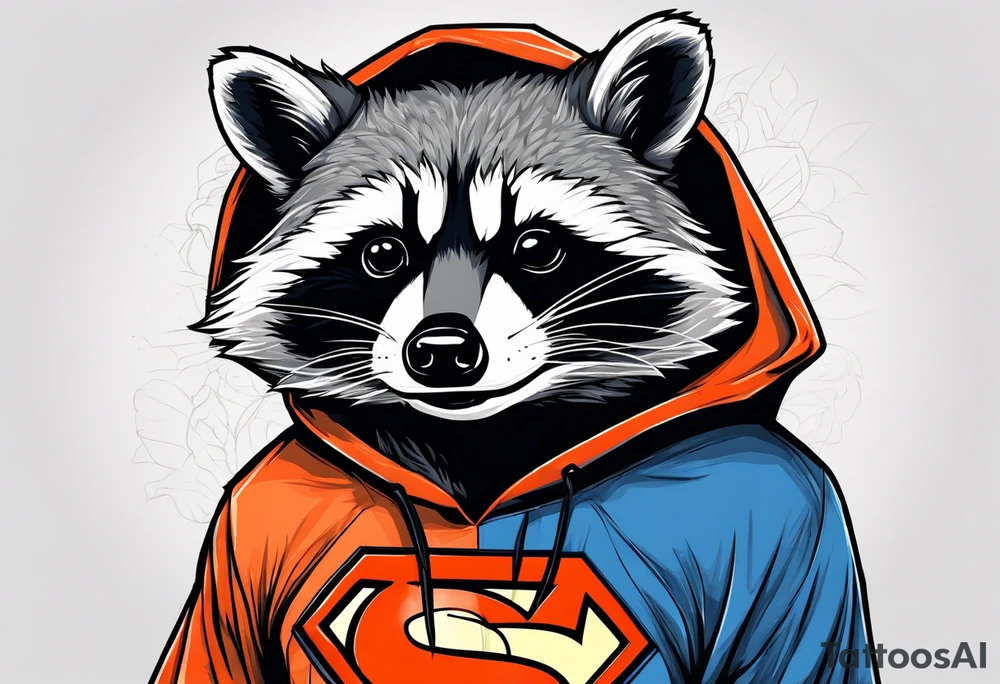 Raccoon wearing an orange Superman hoodie tattoo idea