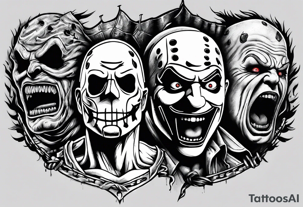 Horror sleeve with a noose, Freddy Kruger, Jason, chucky, and scream tattoo idea