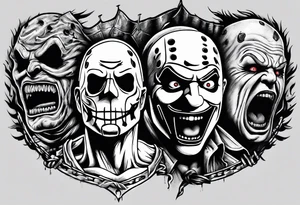 Horror sleeve with a noose, Freddy Kruger, Jason, chucky, and scream tattoo idea