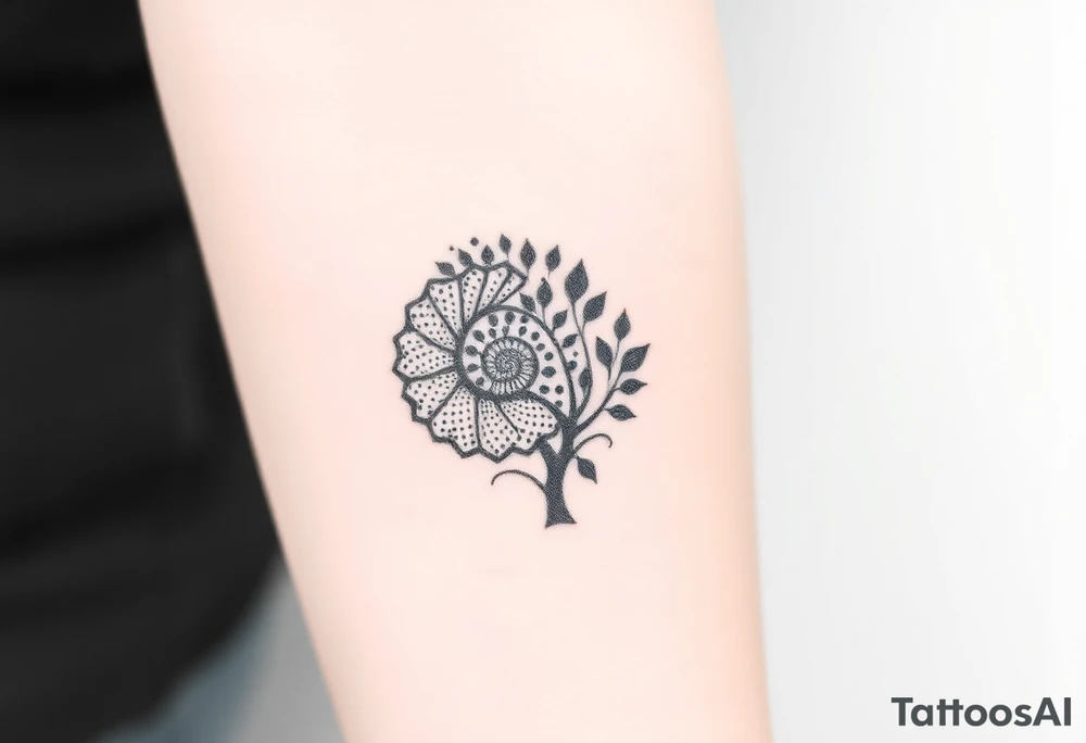Fibonacci spiral shell on side of base of tree full of lots of leaves tattoo idea