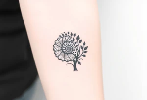 Fibonacci spiral shell on side of base of tree full of lots of leaves tattoo idea