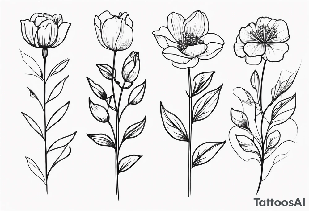 June birth flower, January birth flower, April birth flower, April birth flower, July birth flower in a vertical line on the same vine tattoo idea