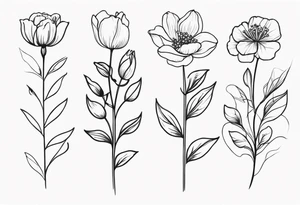 June birth flower, January birth flower, April birth flower, April birth flower, July birth flower in a vertical line on the same vine tattoo idea