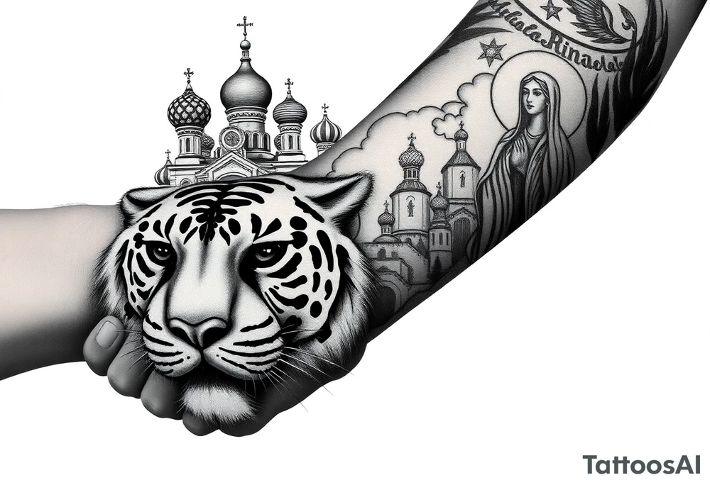 Realistic relic style tiger face on the back of the hand with strong contrast and fine detail with its eyes completely black. with a highly detailed Russian Orthodox cathedral sitting above on fore arm with onion domes and orthodox crosses, done in fine line, engraving-like style. Cohesive composition, black ink only, no color, high contrast, slightly aged, documentary-style, plain light background. with clouds above and a virgin mary 
spanning from my hand to lower fore arm tattoo idea