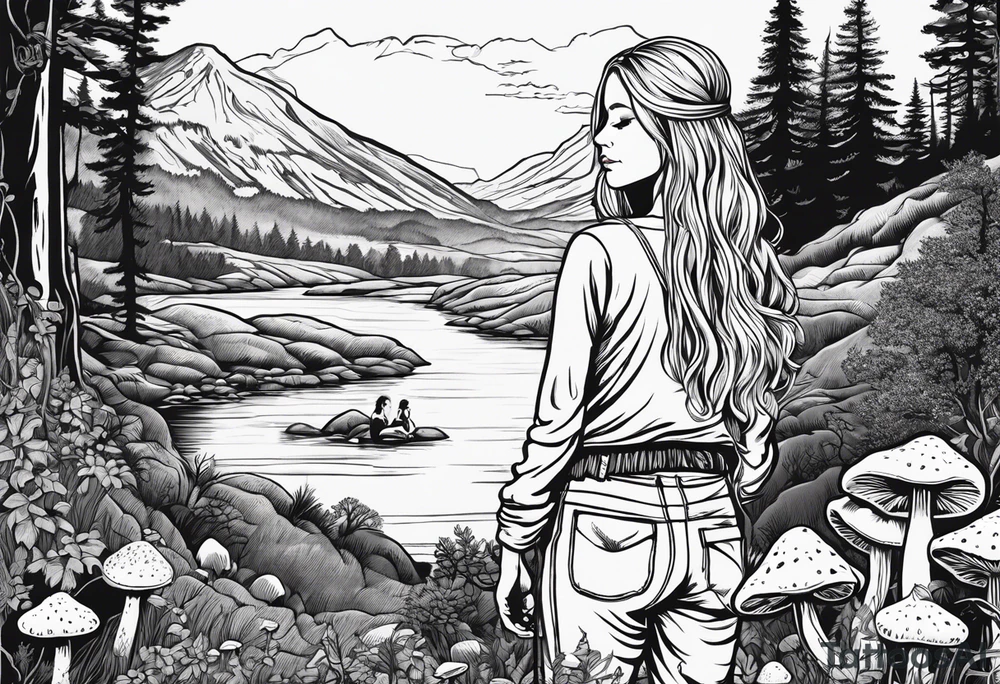 Whole picture encircled fully

Straight long blonde hair hippie girl in distance holding mushrooms in hand facing away toward mountains and creek surrounded by mushrooms long sleeve shirt and hiking pants; whole rendering within a full circle, no cut off circle tattoo idea