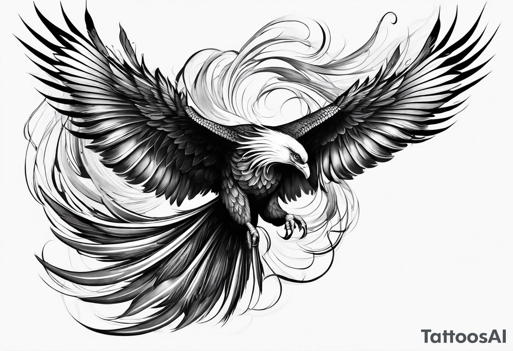 elegant long feathered phoenix
 in flight tattoo idea