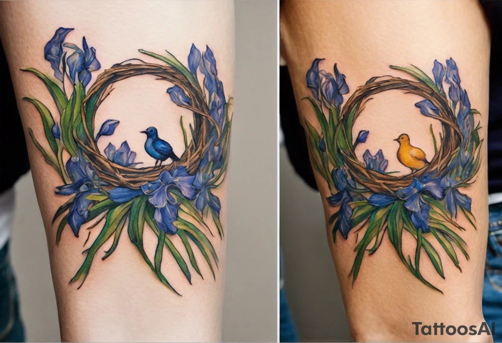 Create a colorful, small Vincent van Gogh Irises tattoo with a nest and bird. The tattoo should take the form of a crescent, with vines gracefully intertwining at a central point in the middle of the wreath. Ensure that the design avoids the appearance of a bush and maintains a more structured and deliberate arrangement. The intended placement is on the upper chest. The overall design should be small in size while maintaining a delicate and artistic aesthetic. Pay attention to the graceful flow of the vines and the placement of the irises to achieve a refined and elegant look tattoo idea