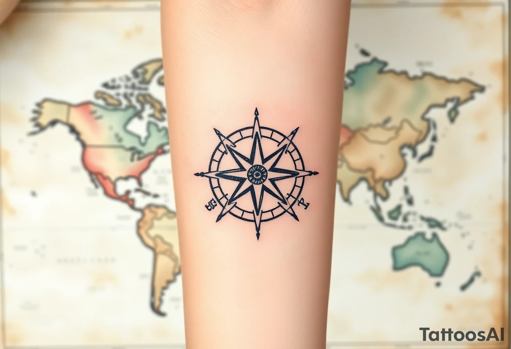 antique compass rose overlaid on weathered world map with sailing ships tattoo idea