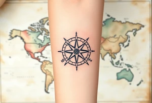 antique compass rose overlaid on weathered world map with sailing ships tattoo idea