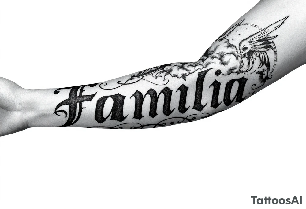 powerful calligraphic text on forearm „Familia“ the rest of the full sleeve can contain gothic figures like greek gods and clouds or lightbeams as shading and filler there should be a date included in roman numerale the rest can be anything in realistic gothic style tattoo idea