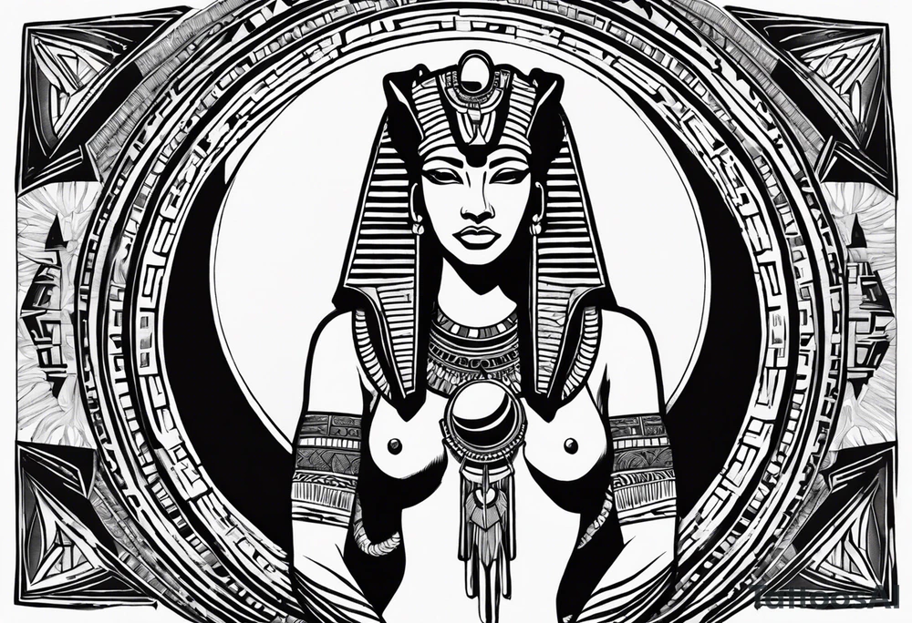 Ancient Egyptian goddess sekhmet, lioness head with black sun disk above her head and woman's body. She looks straight ahead and ready for battle looking fearless and powerful holding an ankh in one hand and a papyrus sceptre in another, she has long hair flowing tattoo idea