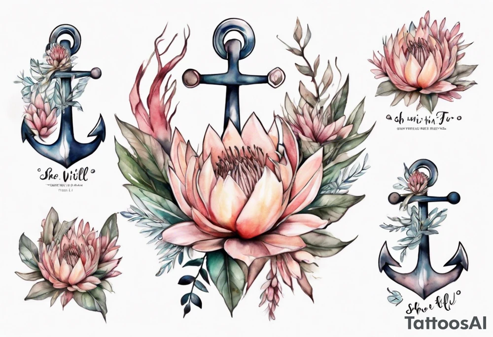 Very feminine tattoo of an anchor and protea flowers and the verse: God is within her, she will not fall. tattoo idea