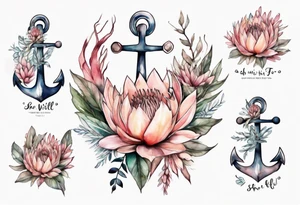 Very feminine tattoo of an anchor and protea flowers and the verse: God is within her, she will not fall. tattoo idea