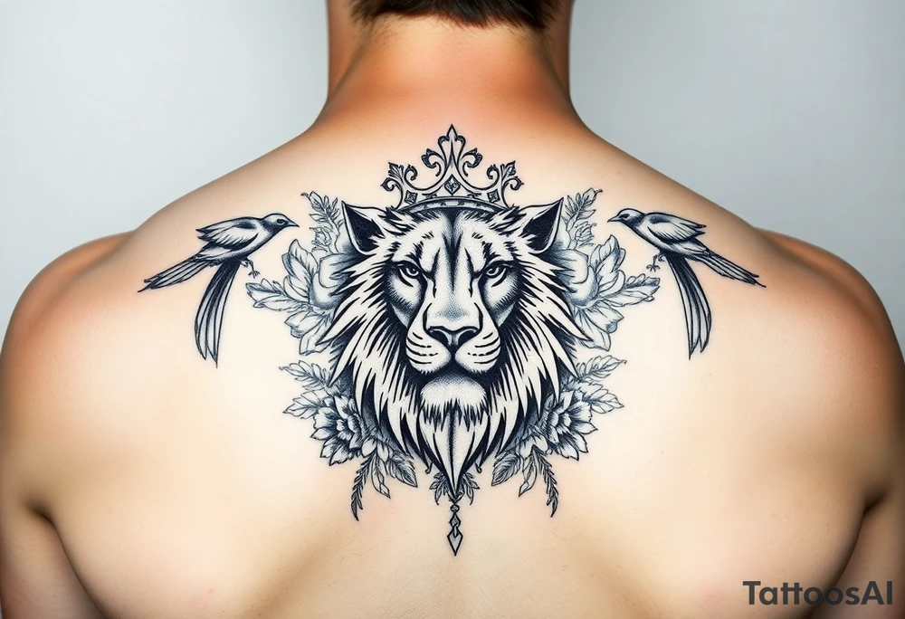powerful majestic lion with a crown, surrounded by floral ornaments and birds tattoo idea