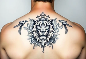 powerful majestic lion with a crown, surrounded by floral ornaments and birds tattoo idea
