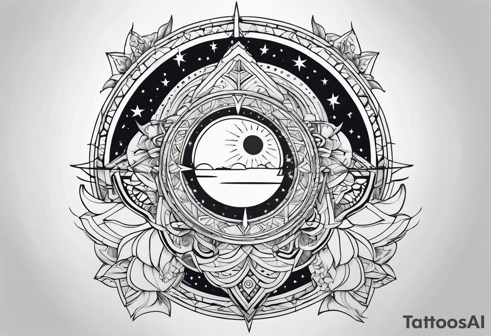 marriage, split tattoo, with geometric shapes and sun and moon tattoo idea