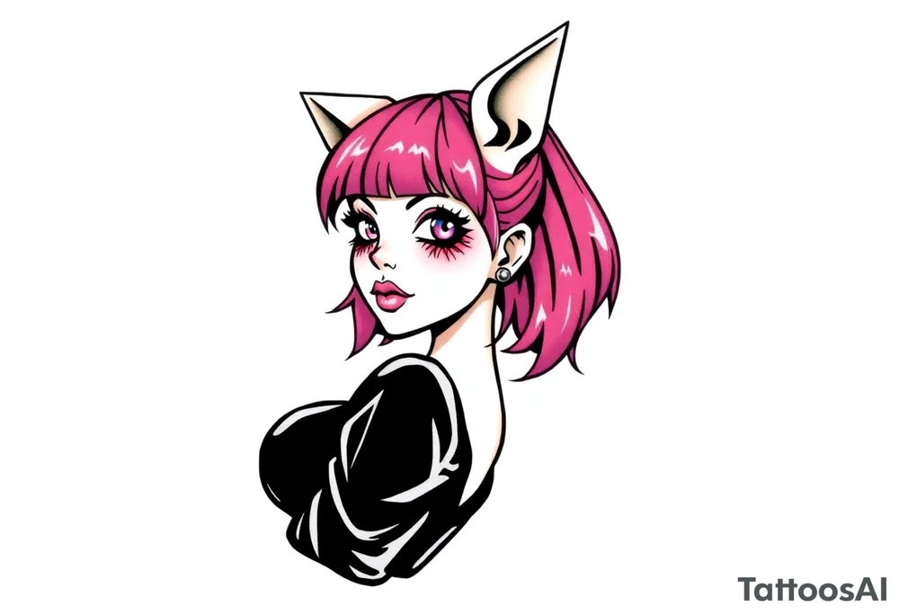 hot goth girl with puppy ears and with piercings on face and big boobs and big butt with black outfit on with pink hair tattoo idea