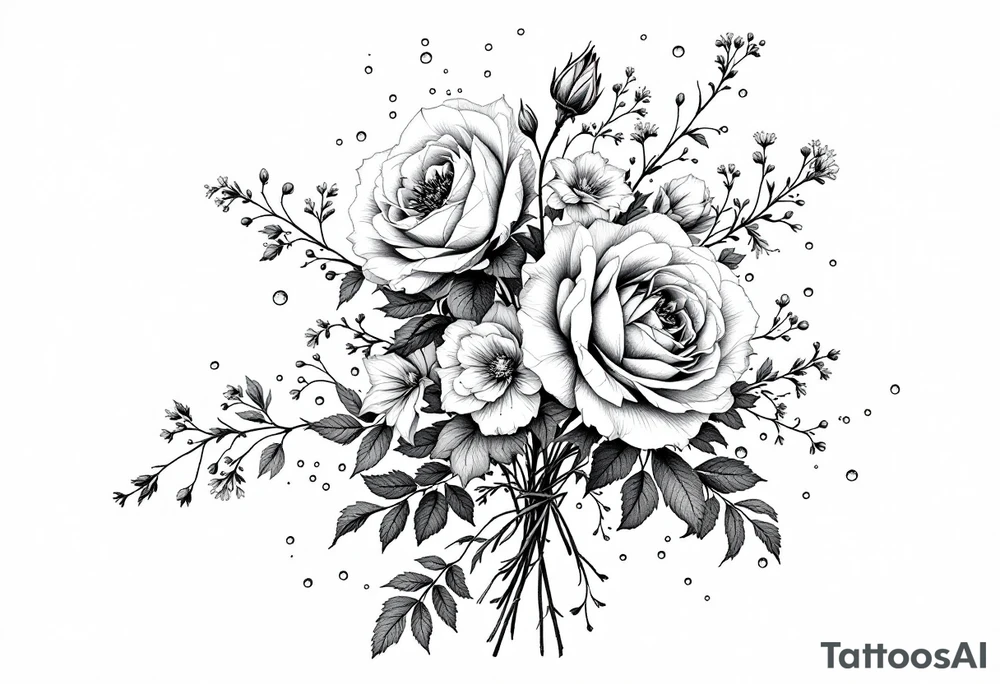 vintage bouquet of wild roses and meadow flowers with morning dew tattoo idea