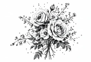 vintage bouquet of wild roses and meadow flowers with morning dew tattoo idea