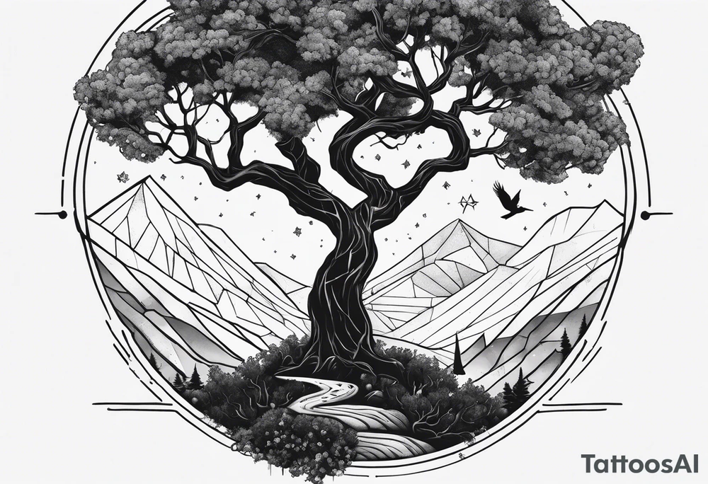 dead friend named alejandro with a tree connecting the sky and earth. with number 8 in it tattoo idea