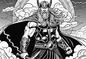 thor in a desert with warriors figthing Zeus in the clouds with lightnings tattoo idea