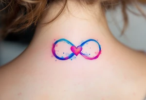 A watercolor-style infinity loop in shades of blue and pink, with a small heart nestled in the center. tattoo idea