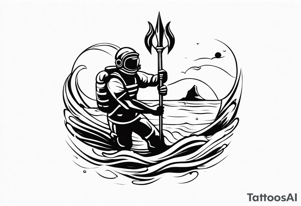Scuba diver holding a trident of Poseidon tattoo idea