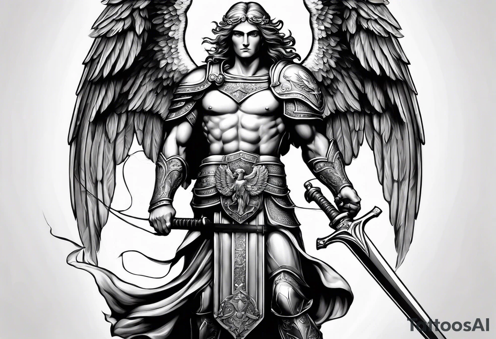 full body saint michael holding a sword tattoo idea