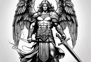 full body saint michael holding a sword tattoo idea