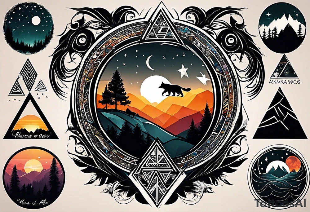 I need to create a sleeve tattoo from shoulder to wrist. The design should include space, stars, forest, sunset, mountains, cliffs, waterfall, water, ocean, wild animals (bear, wolves, elephant), and inserts of triangles and geometric figures. I have two children – a son, Sergei (the eldest), and a daughter, Anna, who live with me and my wife. But I also have another daughter, Marianna, whom I haven't seen for a long time and eagerly await to meet. The tattoo should symbolize love and protection for my children and family, the desire to secure their future, and confidence in tomorrow. It should reflect the notion of not looking back, but always moving forward and achieving goals! tattoo idea
