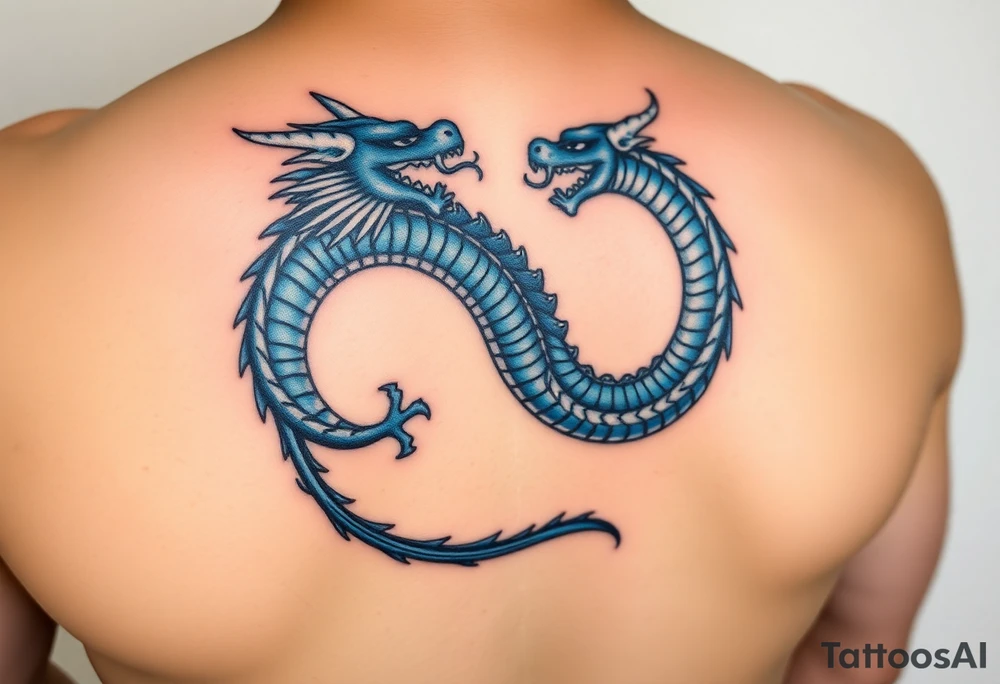 The design features a dragon, coiled in the shape of the infinity symbol (sideways number "8"). The dragon is depicted eating its own tail, symbolizing eternity and continuity, inspired by the Ouroboros.

Details:

The dragon's body has vibrant, glossy blue scales, with a smooth and polished texture.
It maintains a clean, balanced shape in the infinity figure, with sharp details and elegant flow.
Style:

The focus remains on the dragon's form, with no additional background elements to keep the design minimal and modern. tattoo idea