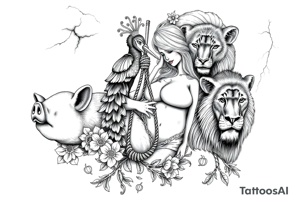Storm clouds, pig, peacock , fat sexy naked fat woman, cupcakes, noose , money, goat, lion, couple having sex, cigerette storm lightening, killing, darkness, mirror tattoo idea