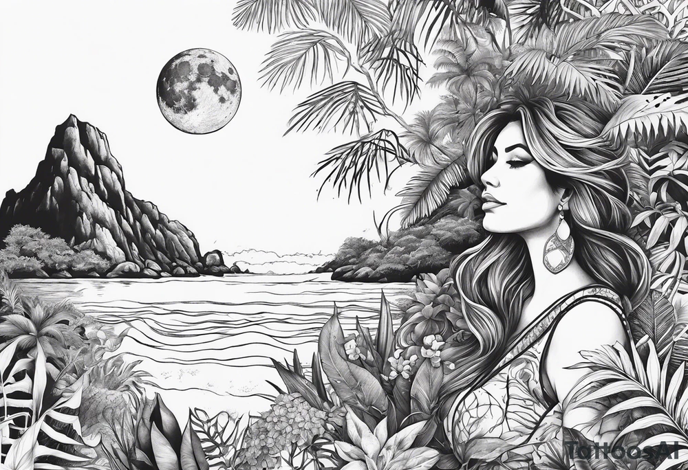 sleeve tattoo with jungle plants and Vegvisir, moon and beach tattoo idea